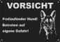 Preview: Aluminium Warnschild Deutscher Schäferhund VORSICHT Freilaufender Hund! Betreten auf eigene Gefahr!
